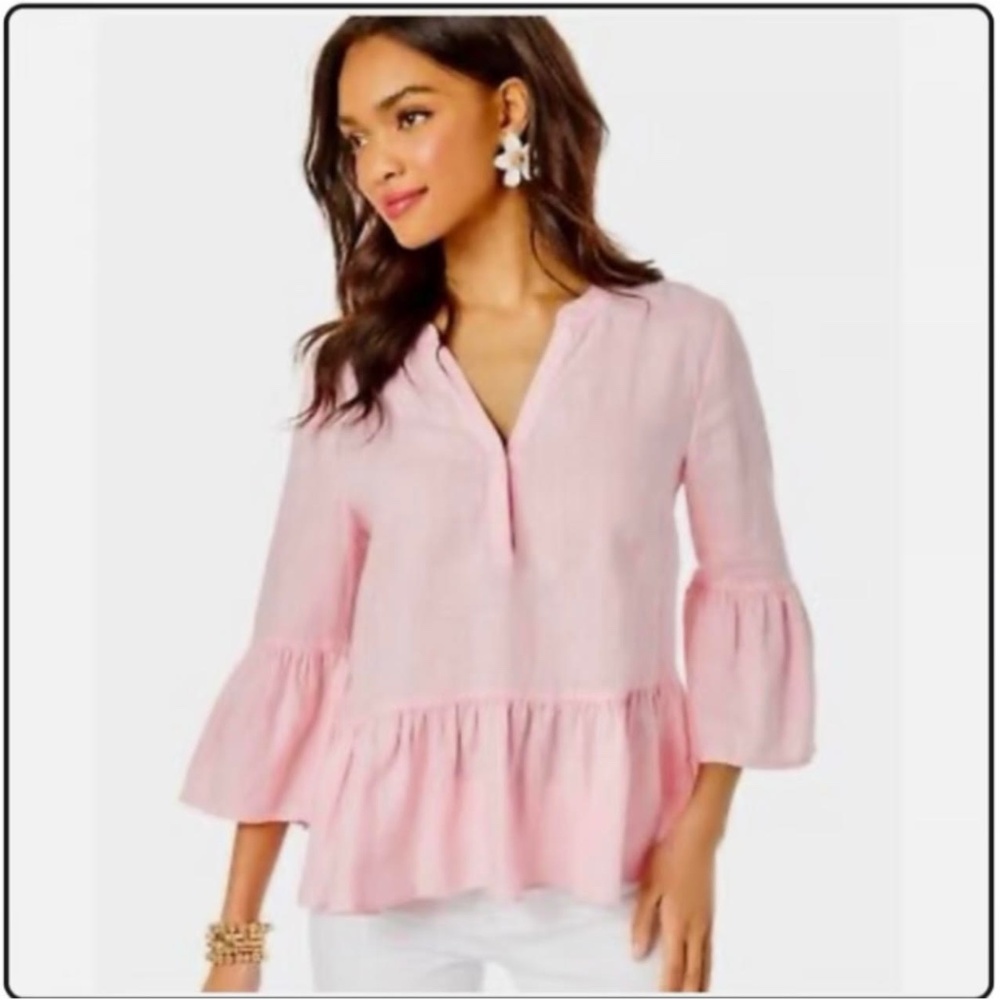 Lilly Pulitzer Size M 3/4 bell Sleeve Bekah Linen Blouse in Pink Blossom
